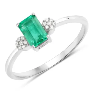 0.59 Carat Genuine Zambian Emerald and White Diamond 14K White Gold Ring