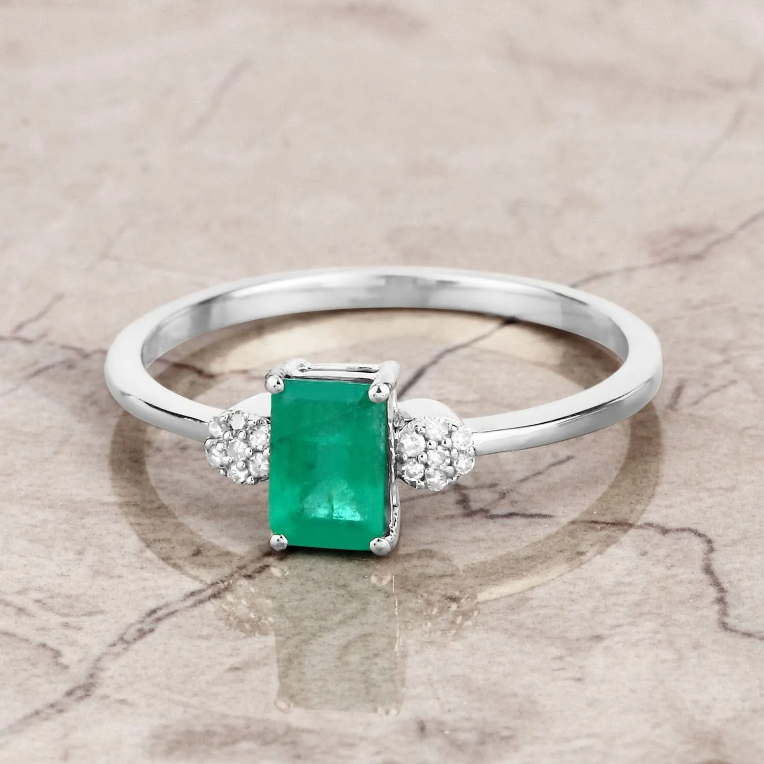 0.59 Carat Genuine Zambian Emerald and White Diamond 14K White Gold Ring