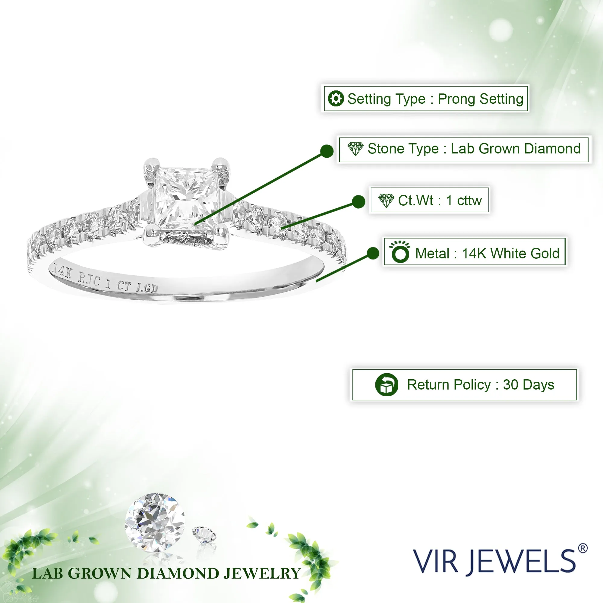 1 cttw Lab Grown Princess Diamond Engagement Rings 14K White Gold