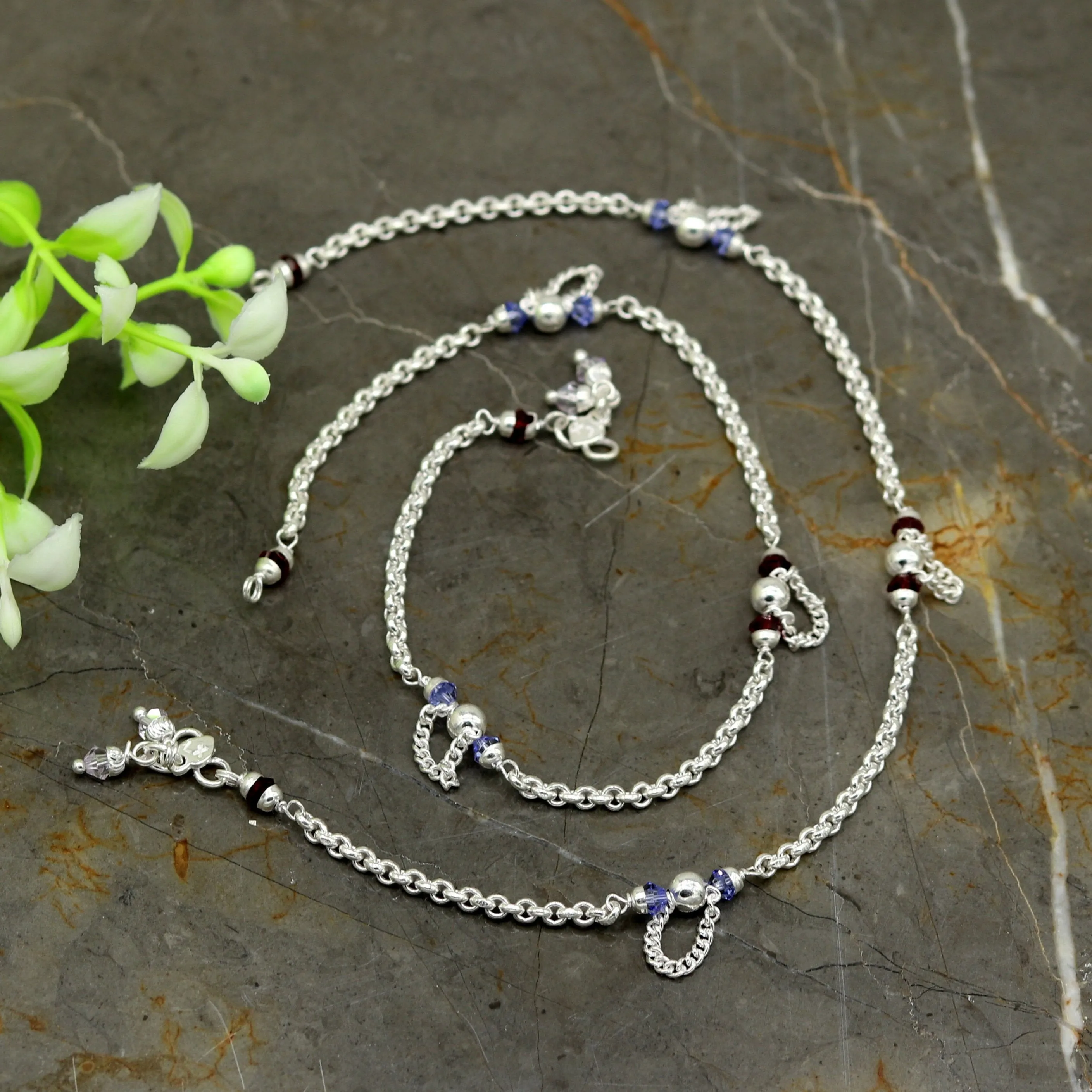 10.0" 925 sterling silver handmade rolo chain beaded anklet bracelet, foot bracelet, fabulous ankle chain bracelet belly dance nank218