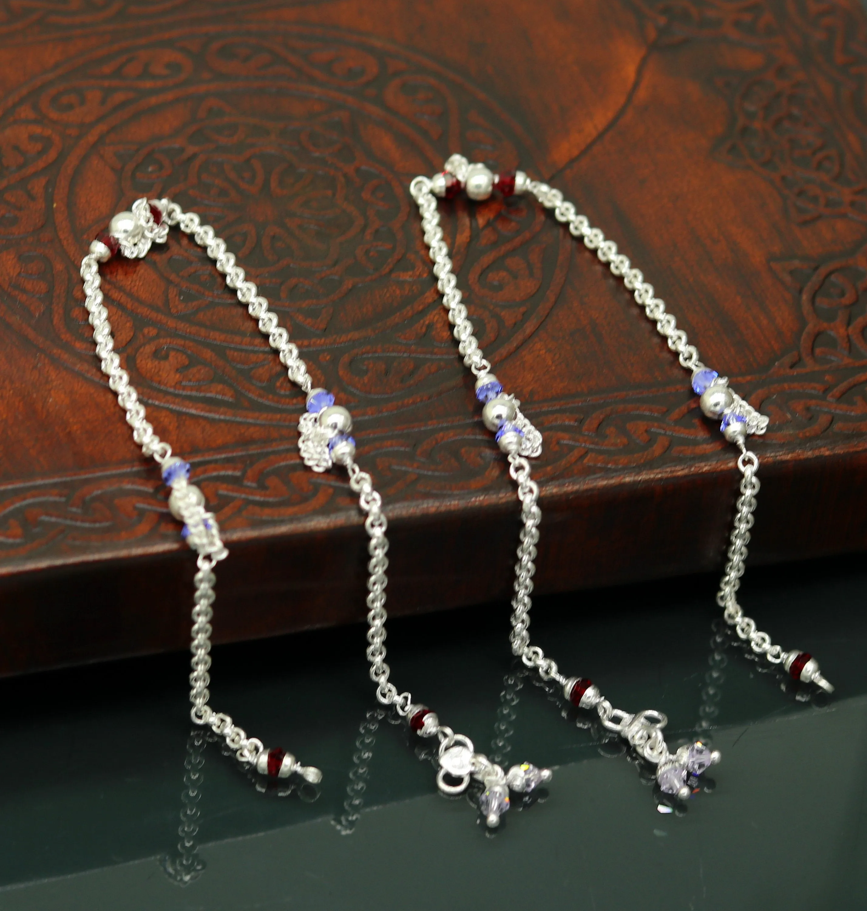10.0" 925 sterling silver handmade rolo chain beaded anklet bracelet, foot bracelet, fabulous ankle chain bracelet belly dance nank218