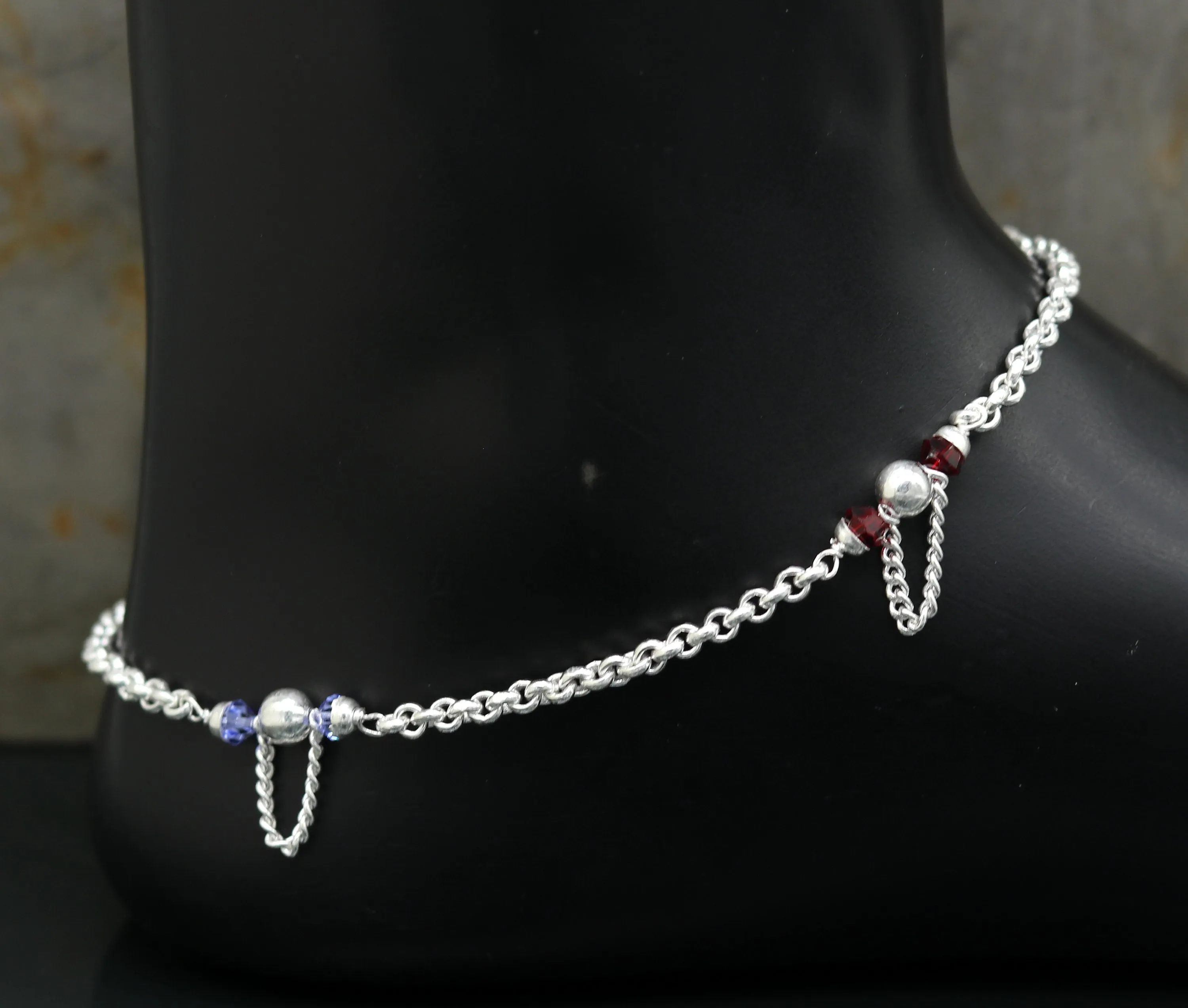 10.0" 925 sterling silver handmade rolo chain beaded anklet bracelet, foot bracelet, fabulous ankle chain bracelet belly dance nank218