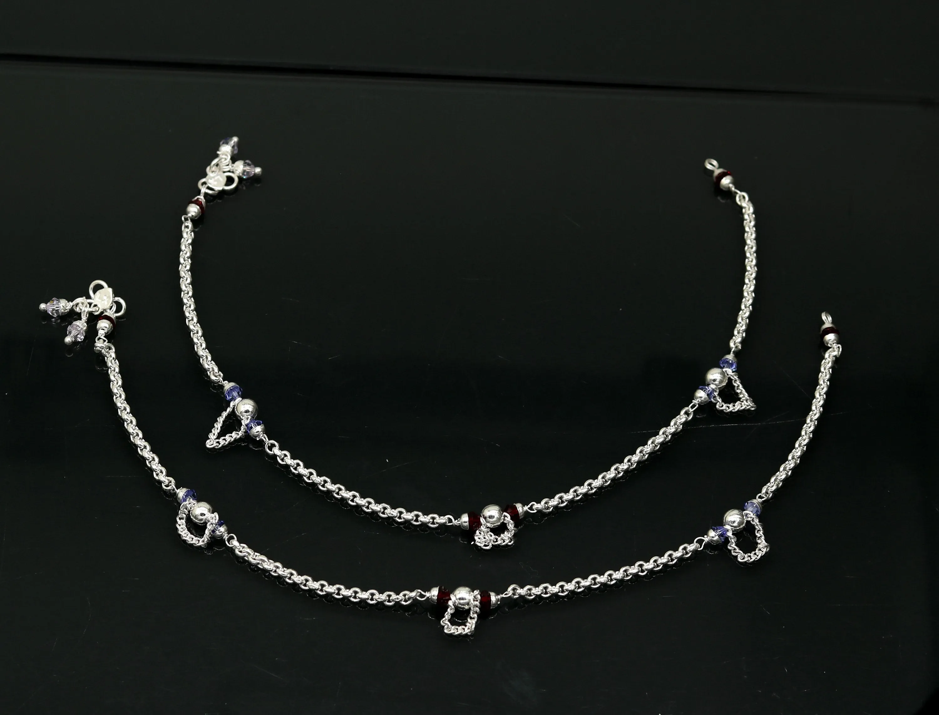 10.0" 925 sterling silver handmade rolo chain beaded anklet bracelet, foot bracelet, fabulous ankle chain bracelet belly dance nank218