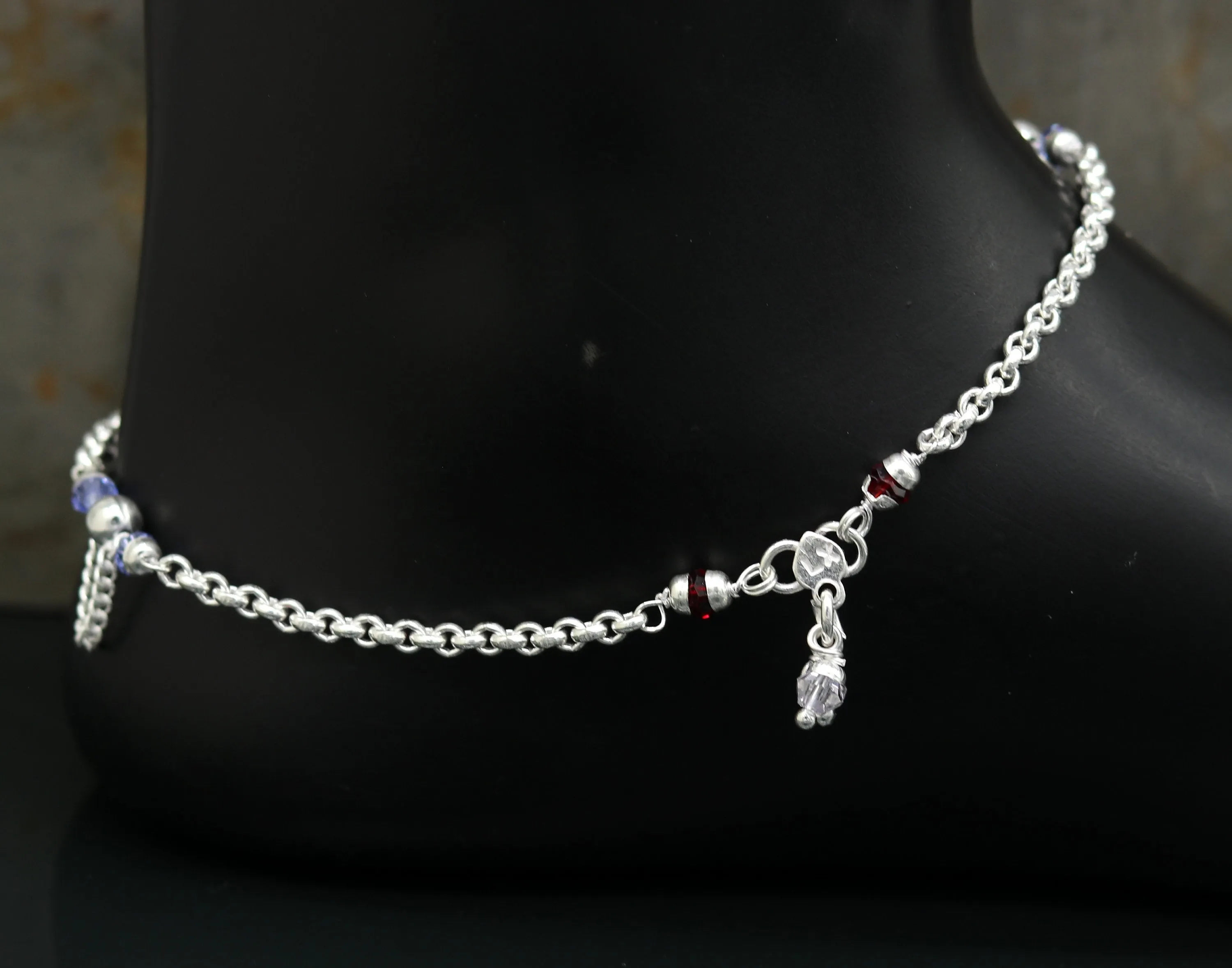 10.0" 925 sterling silver handmade rolo chain beaded anklet bracelet, foot bracelet, fabulous ankle chain bracelet belly dance nank218