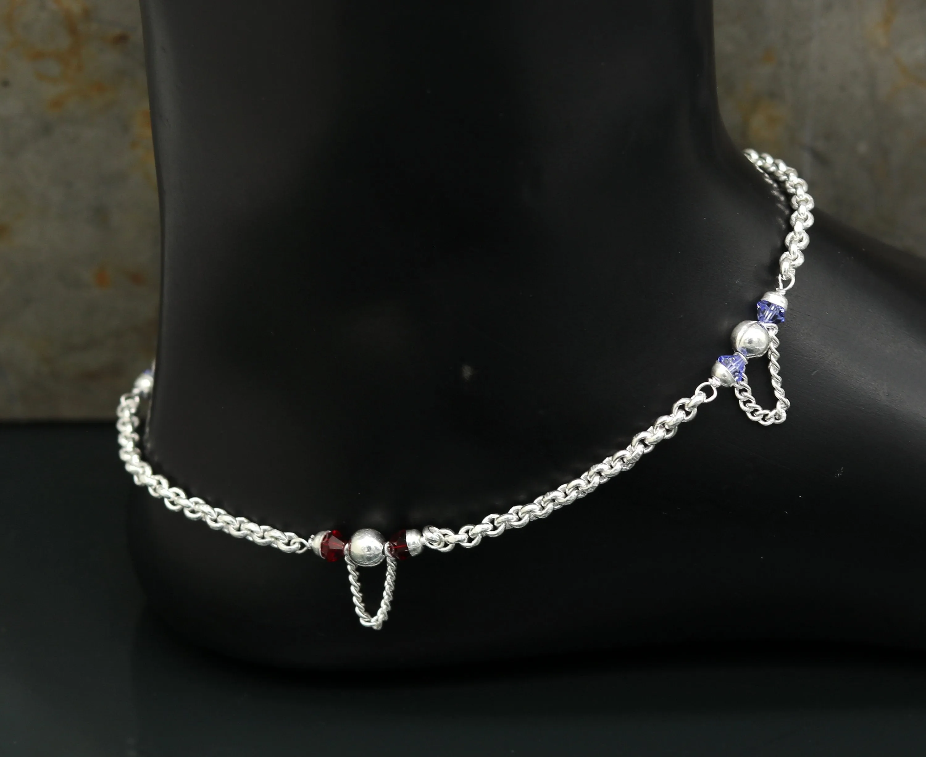 10.0" 925 sterling silver handmade rolo chain beaded anklet bracelet, foot bracelet, fabulous ankle chain bracelet belly dance nank218