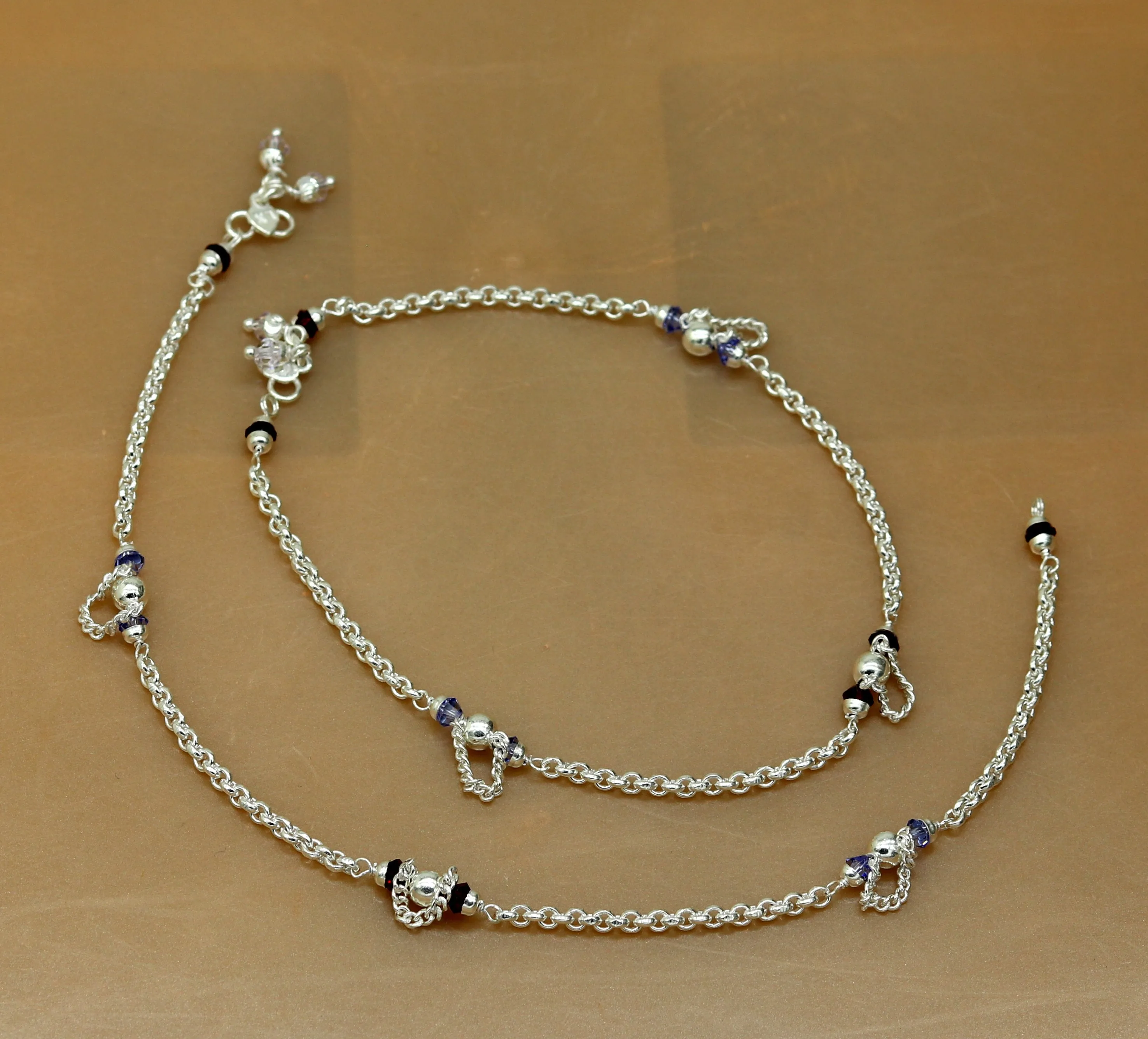 10.0" 925 sterling silver handmade rolo chain beaded anklet bracelet, foot bracelet, fabulous ankle chain bracelet belly dance nank218