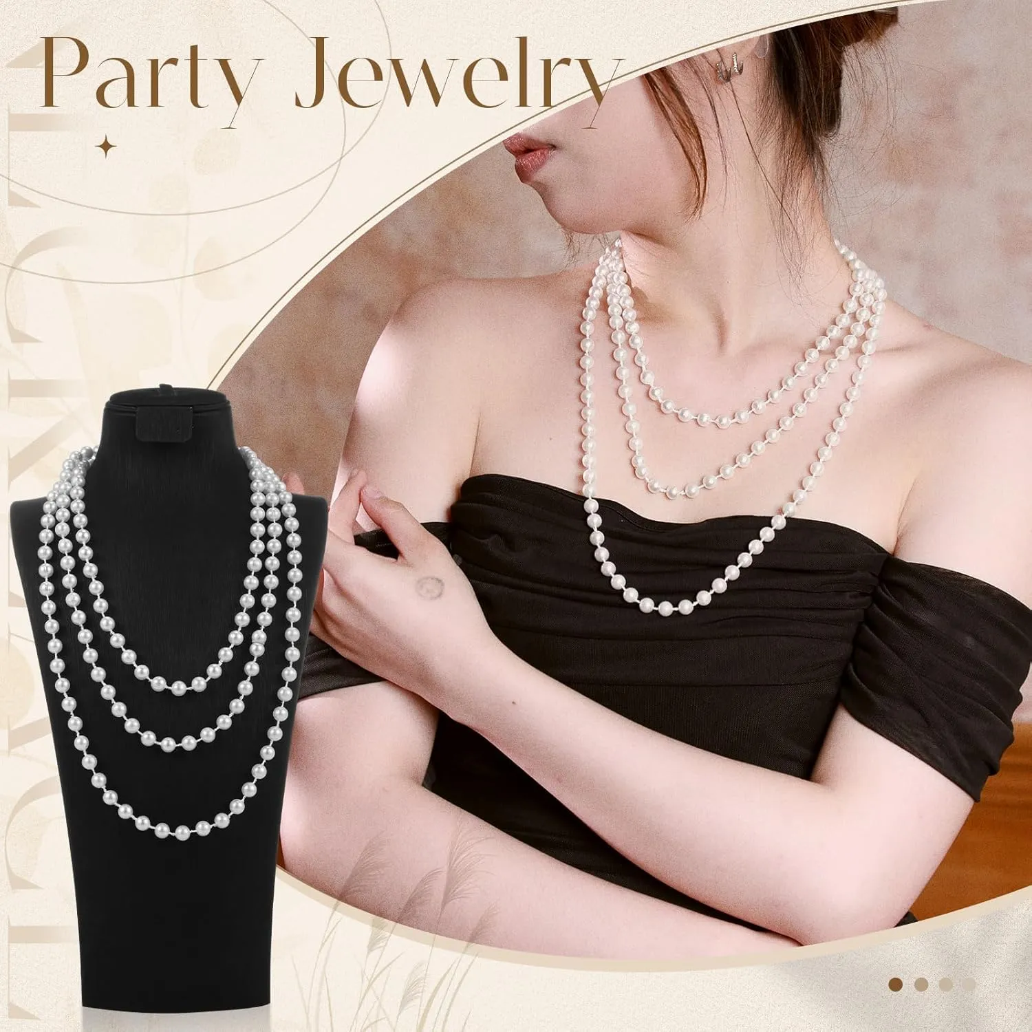 2 Pack Long Pearl Necklace for Women 1920s Costume Jewelry White Faux Pearls Strand Beads for Ladies