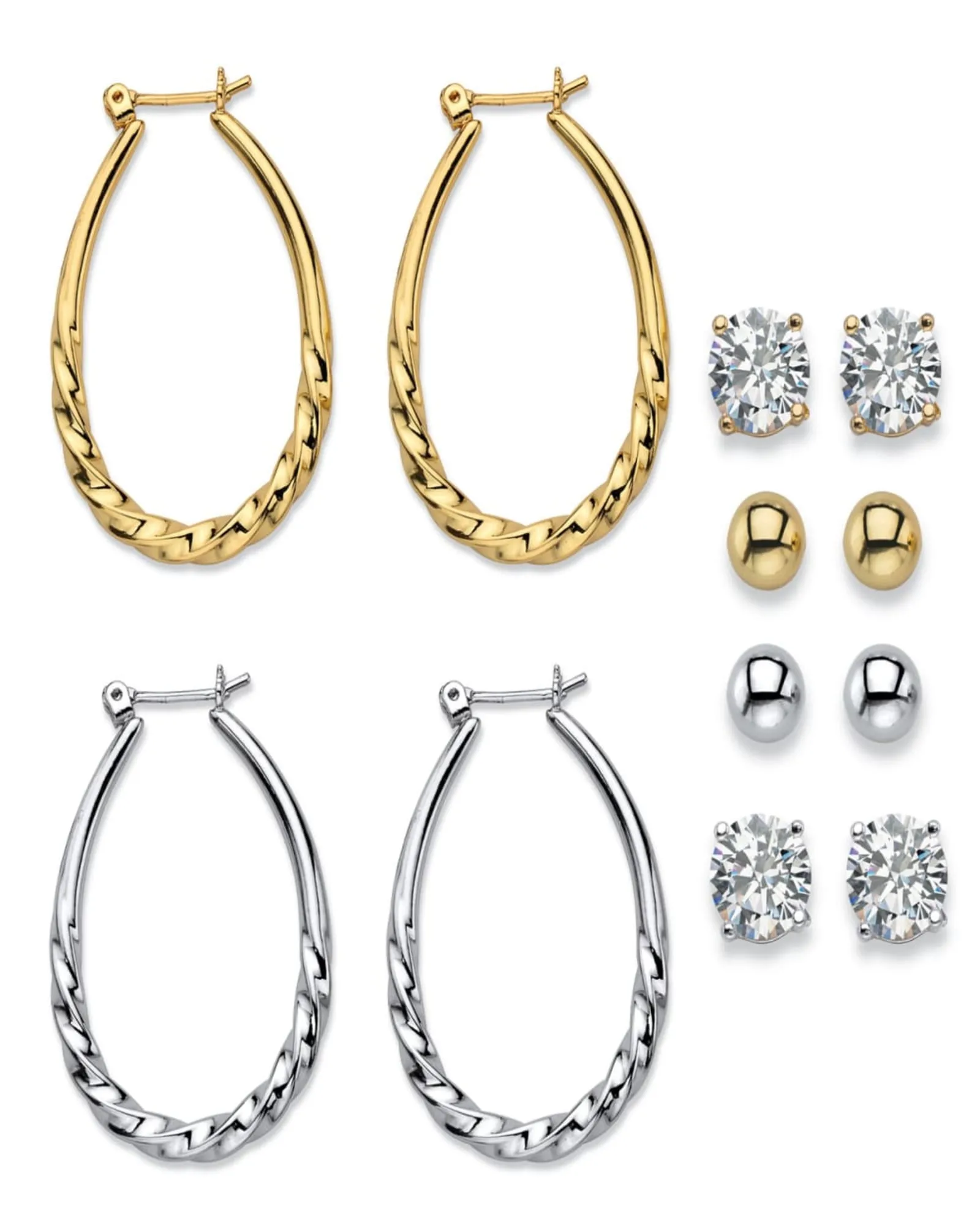 8 Cttw. CZ Goldtone and Silvertone 6-Pair Set of Stud and Hoop Earrings | Yellow