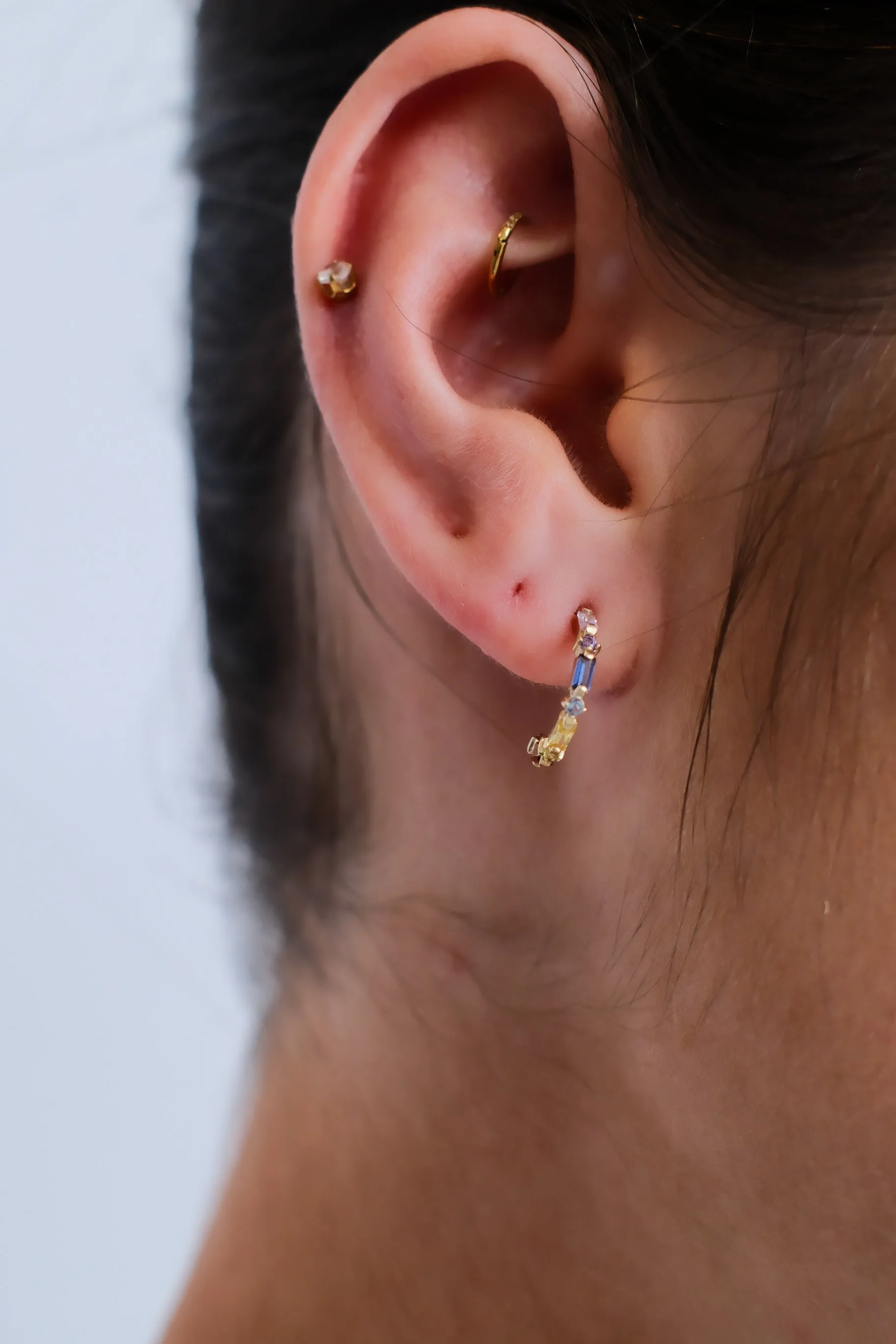 9ct Yellow Gold Multi Coloured Round And Emerald Cut Hoop Earrings