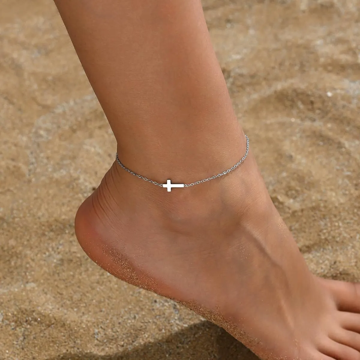 Ankle Bracelets for Women Dainty 18K Gold Plated Anklet Waterproof Round Beaded Paperclip Herringbone Pearl Chain Anklets Waterproof Beach Foot Jewelry