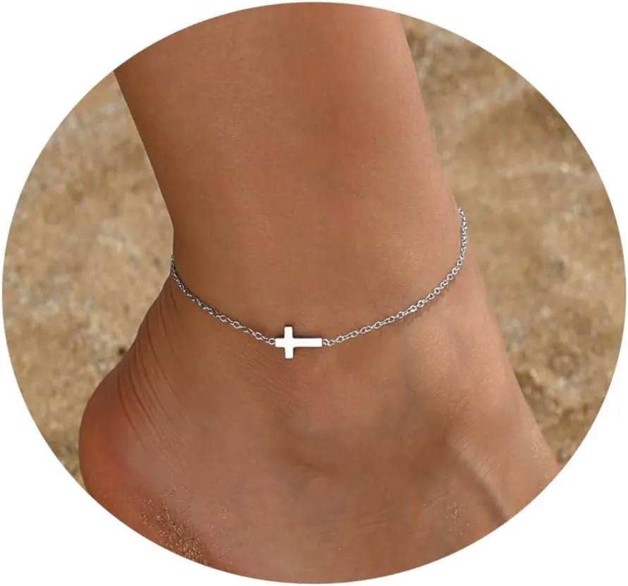 Ankle Bracelets for Women Dainty 18K Gold Plated Anklet Waterproof Round Beaded Paperclip Herringbone Pearl Chain Anklets Waterproof Beach Foot Jewelry