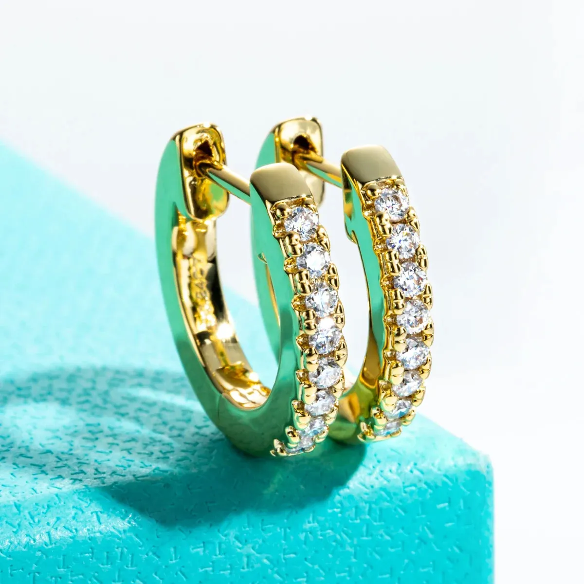 AnuJewel 1.5mm D Color Moissanite Huggie Hoop Earrings With Certificate Yellow Gold Plated Huggie Earring For Women Gifts