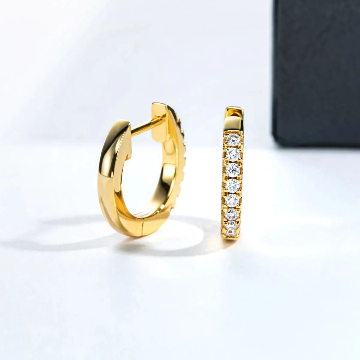 AnuJewel 1.5mm D Color Moissanite Huggie Hoop Earrings With Certificate Yellow Gold Plated Huggie Earring For Women Gifts