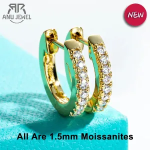 AnuJewel 1.5mm D Color Moissanite Huggie Hoop Earrings With Certificate Yellow Gold Plated Huggie Earring For Women Gifts