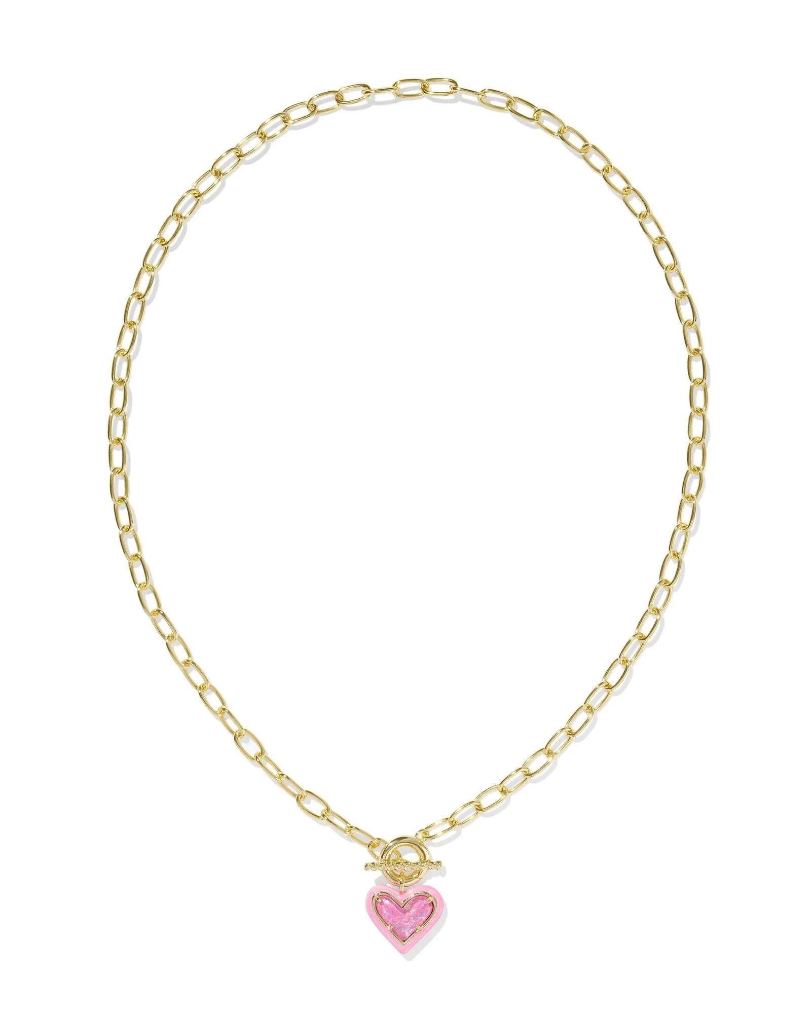 Ari Heart Gold Enamel Frame Link and Chain Necklace Pink Iridescent Glitter Glass