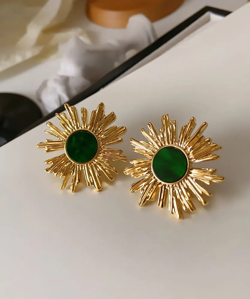 Art Blackish Green Copper Overgild Sunflower Stud Earrings QZ014