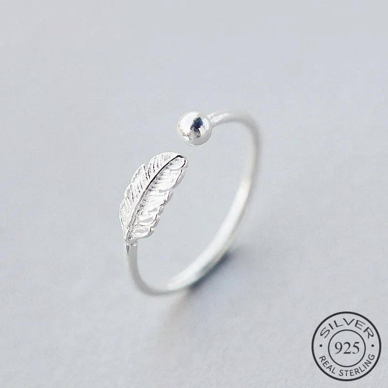 Authentic 925 Sterling Silver Cute Feather Personality Adjustable Ring Fine Jewelry For Women Party Elegant Accessories