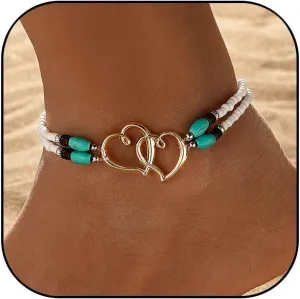 Beaded Ankle Bracelet for Women Double Hollow Hearts Stretch Anklet Double Layered Turquoise Beaded Anklet Dainty Boho Beach Anklets Cute Heart Foot Beach Summer Jewelry for Women