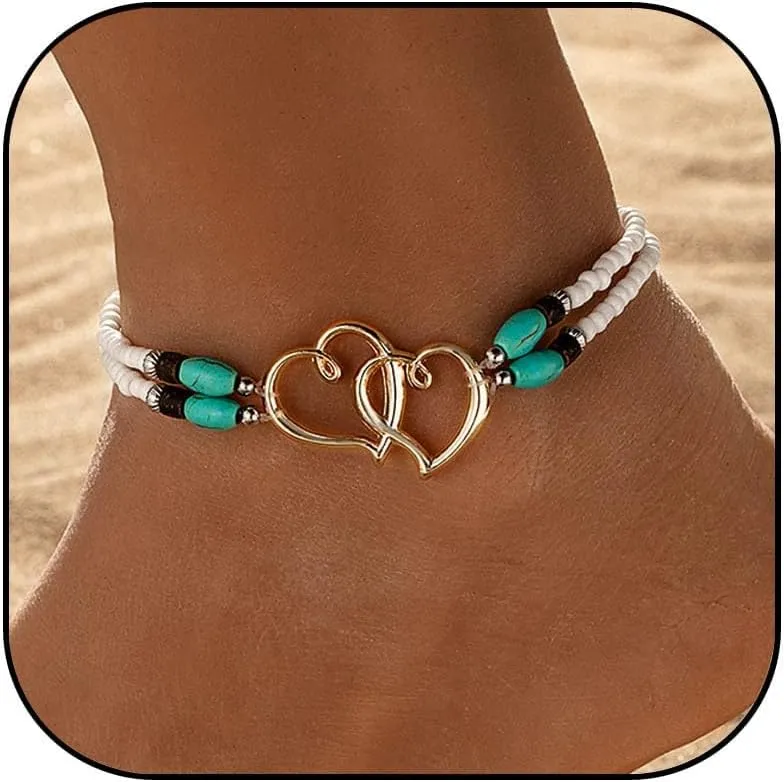 Beaded Ankle Bracelet for Women Double Hollow Hearts Stretch Anklet Double Layered Turquoise Beaded Anklet Dainty Boho Beach Anklets Cute Heart Foot Beach Summer Jewelry for Women