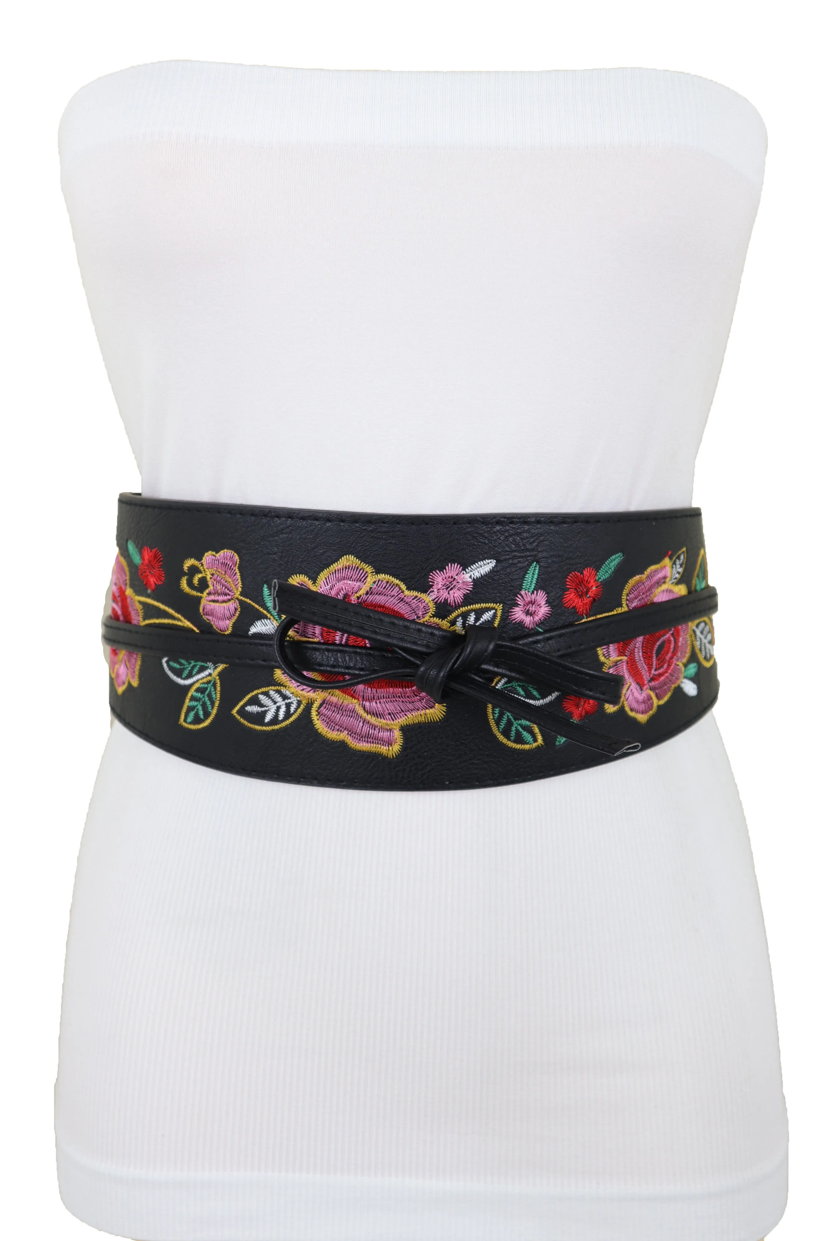 Black Faux Leather Wrap Kimono Wrap Around Tie Belt Embroidery Flower S M