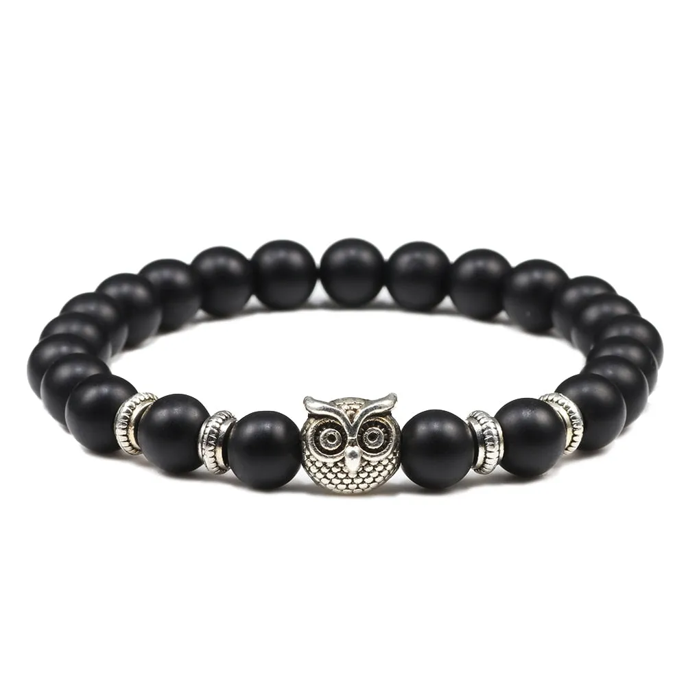 Black Lava Tiger Eye Weathered Stone Bracelets Bangles Classic Owl Beaded Natural Charm Bracelet for Women and Men Yoga Jewelry