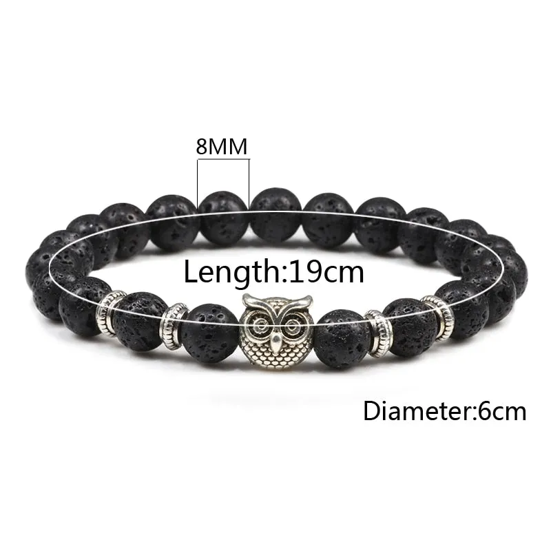 Black Lava Tiger Eye Weathered Stone Bracelets Bangles Classic Owl Beaded Natural Charm Bracelet for Women and Men Yoga Jewelry