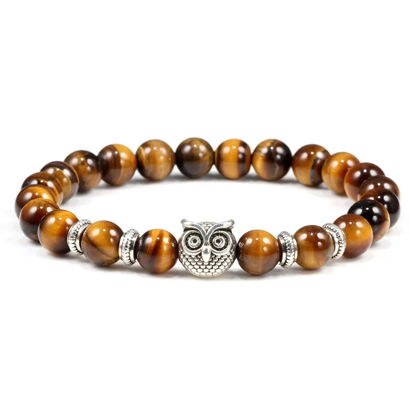 Black Lava Tiger Eye Weathered Stone Bracelets Bangles Classic Owl Beaded Natural Charm Bracelet for Women and Men Yoga Jewelry