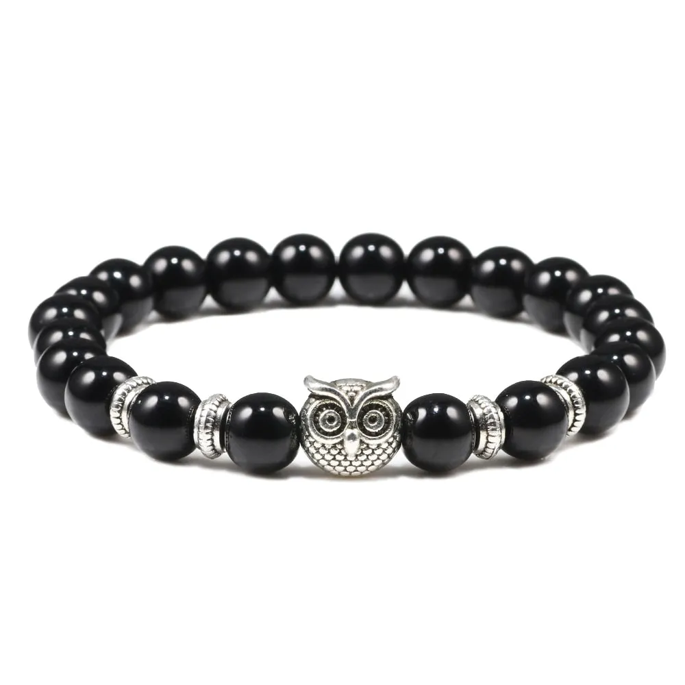 Black Lava Tiger Eye Weathered Stone Bracelets Bangles Classic Owl Beaded Natural Charm Bracelet for Women and Men Yoga Jewelry