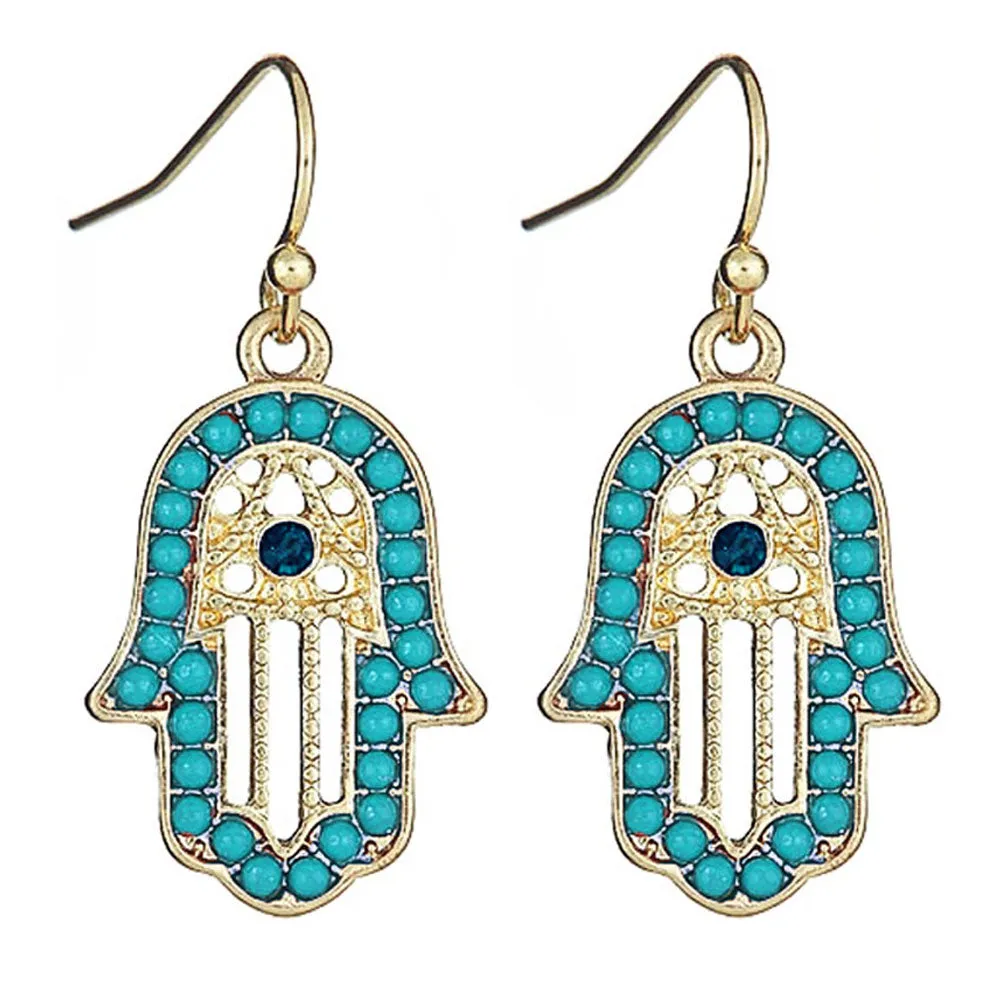 Blue Hamsa Hand Fatima Hook Drop Earrings Evil Eye Dangle Kabbalah Jewel Women