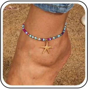 Boho Beach Beaded Anklets Bracelets Gold Starfish Anklet Chain Elastic Beaded Anklet Foot Chain Colorful Beads Anklet Chain Bracelet Summer Rice Bead Anklet Jewelry for Women