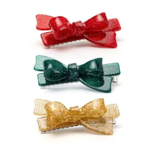 Bows Glitter Green Gold and Red Hair Clips