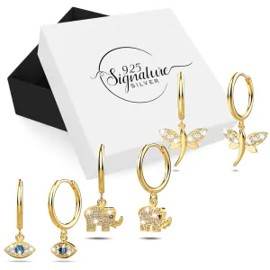 Boxed 3 Pairs Luxurious Solid 925 Sterling Silver Earrings Set in Gold