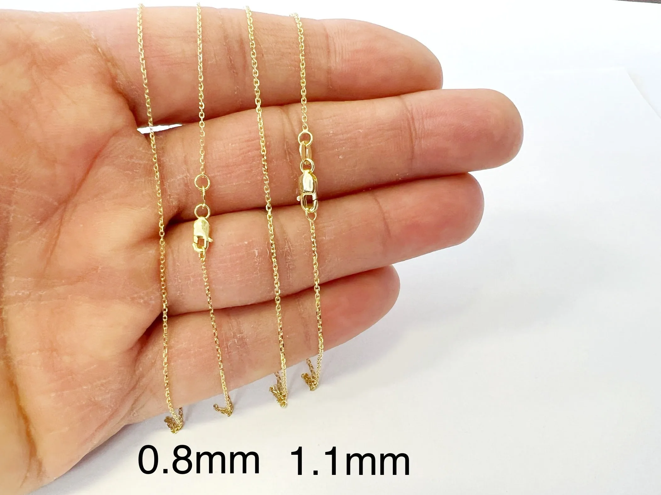 Cable Chain 14k Solid Yellow Gold 16" 18" 20" 24" - 0.8mm, - Dainty Minimalist Diamond cut Pendant Chain For Women - Genuine 14kt Gold