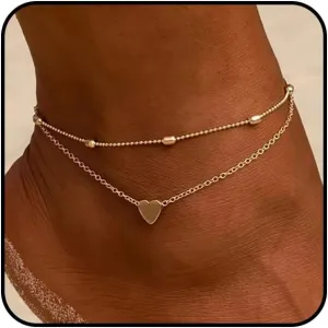 Charm Gold Layered Heart Anklets for Women, Dainty Adjustable Beaded Anklet Minimalist Foot Jewelry