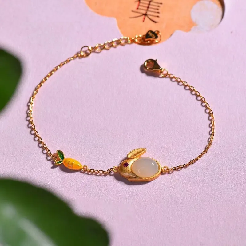 Classic design natural Hetian jade cute rabbit bracelet for women
