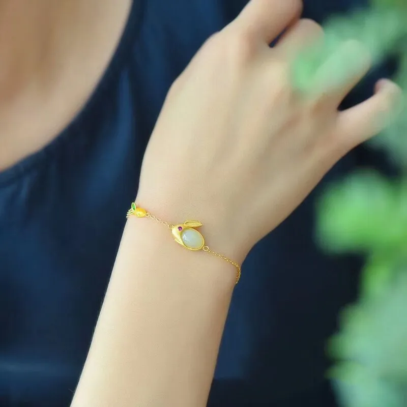 Classic design natural Hetian jade cute rabbit bracelet for women