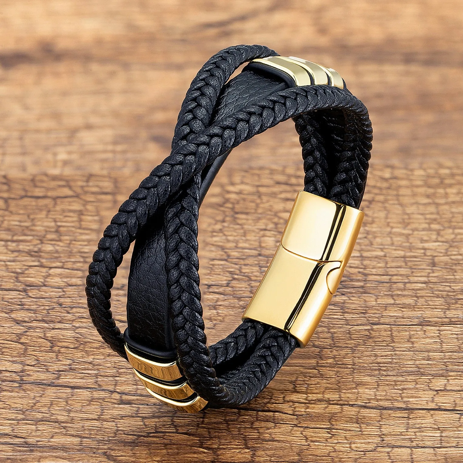 Classic Stainless Steel Metal Bracelet Men Multilayer Weave Genuine Leather Rope Bangles Bracelet