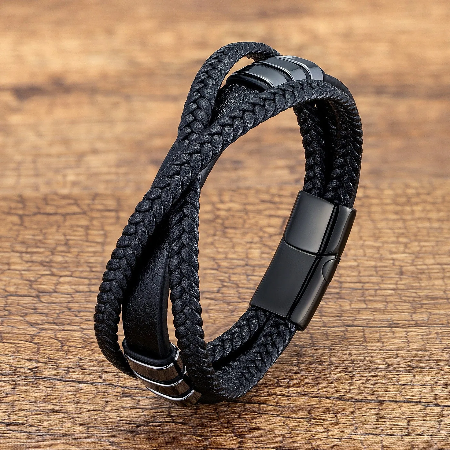 Classic Stainless Steel Metal Bracelet Men Multilayer Weave Genuine Leather Rope Bangles Bracelet