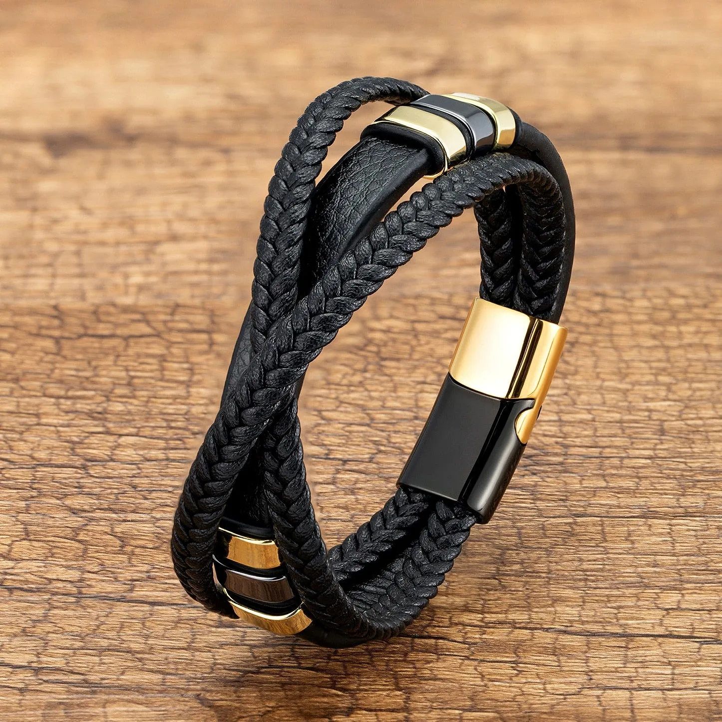Classic Stainless Steel Metal Bracelet Men Multilayer Weave Genuine Leather Rope Bangles Bracelet