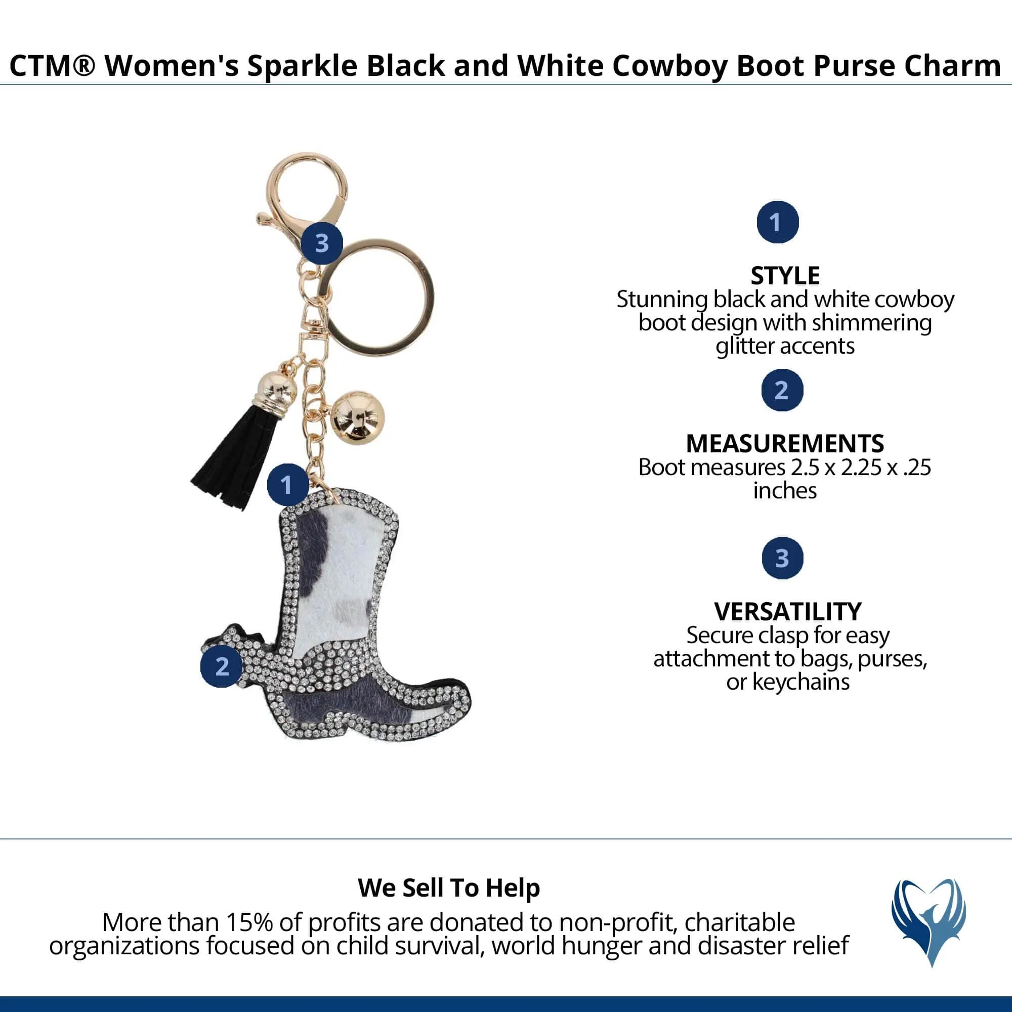 CTM® Women's Sparkle Black and White Cowboy Boot Bag Charm