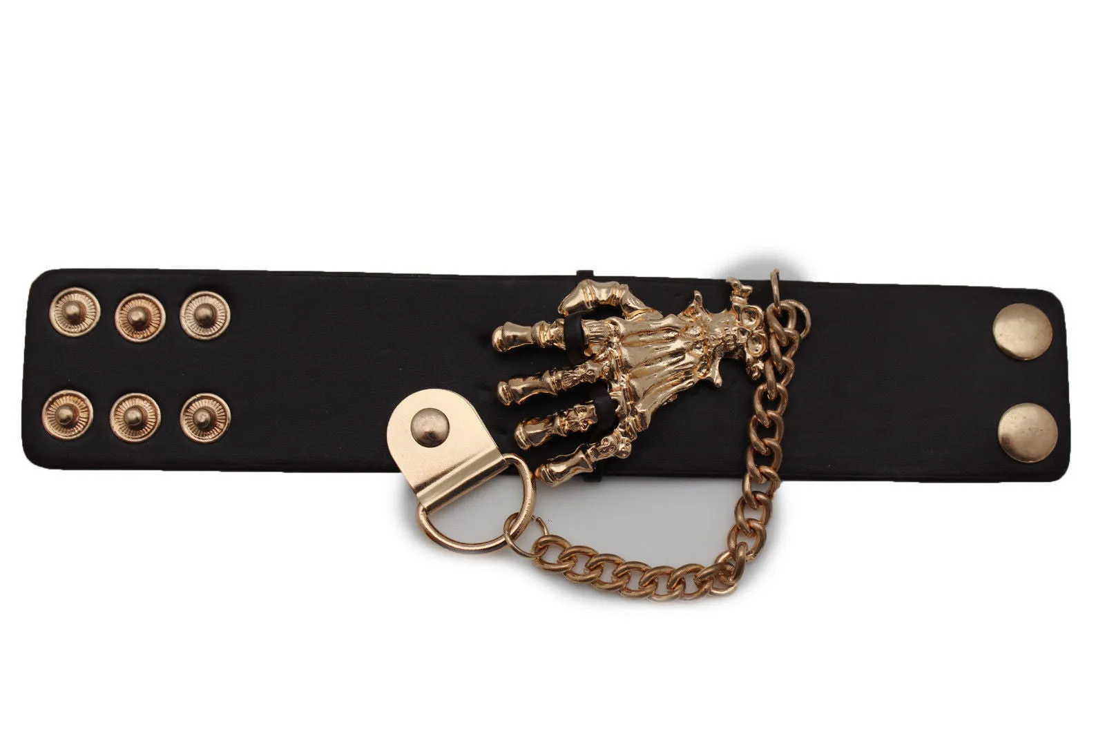 Dark Brown Black Faux Leather Bracelet Gold Silver Metal Chains Skeleton Skulls Hand