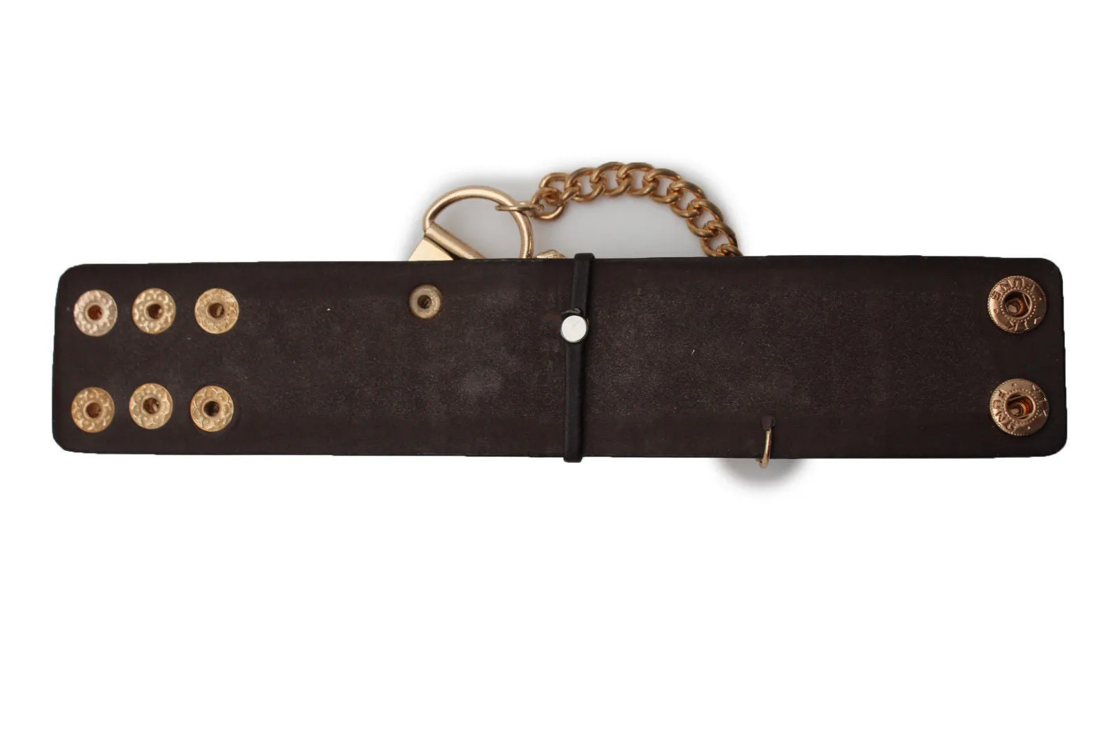 Dark Brown Black Faux Leather Bracelet Gold Silver Metal Chains Skeleton Skulls Hand