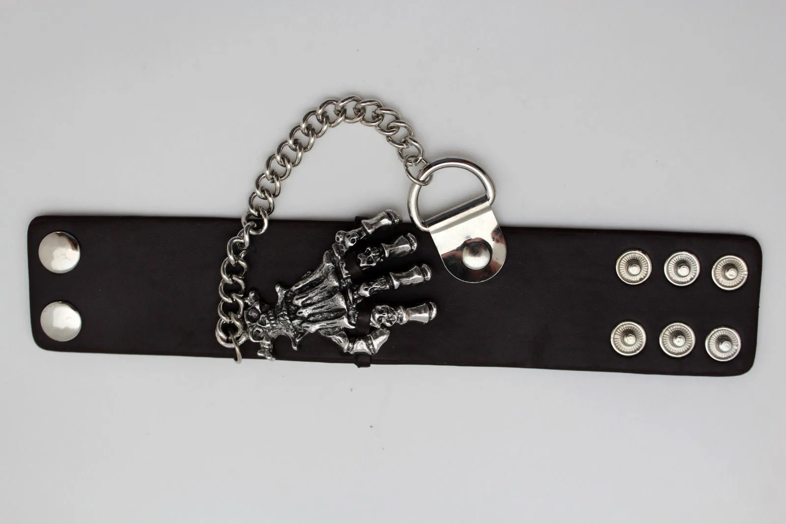 Dark Brown Black Faux Leather Bracelet Gold Silver Metal Chains Skeleton Skulls Hand