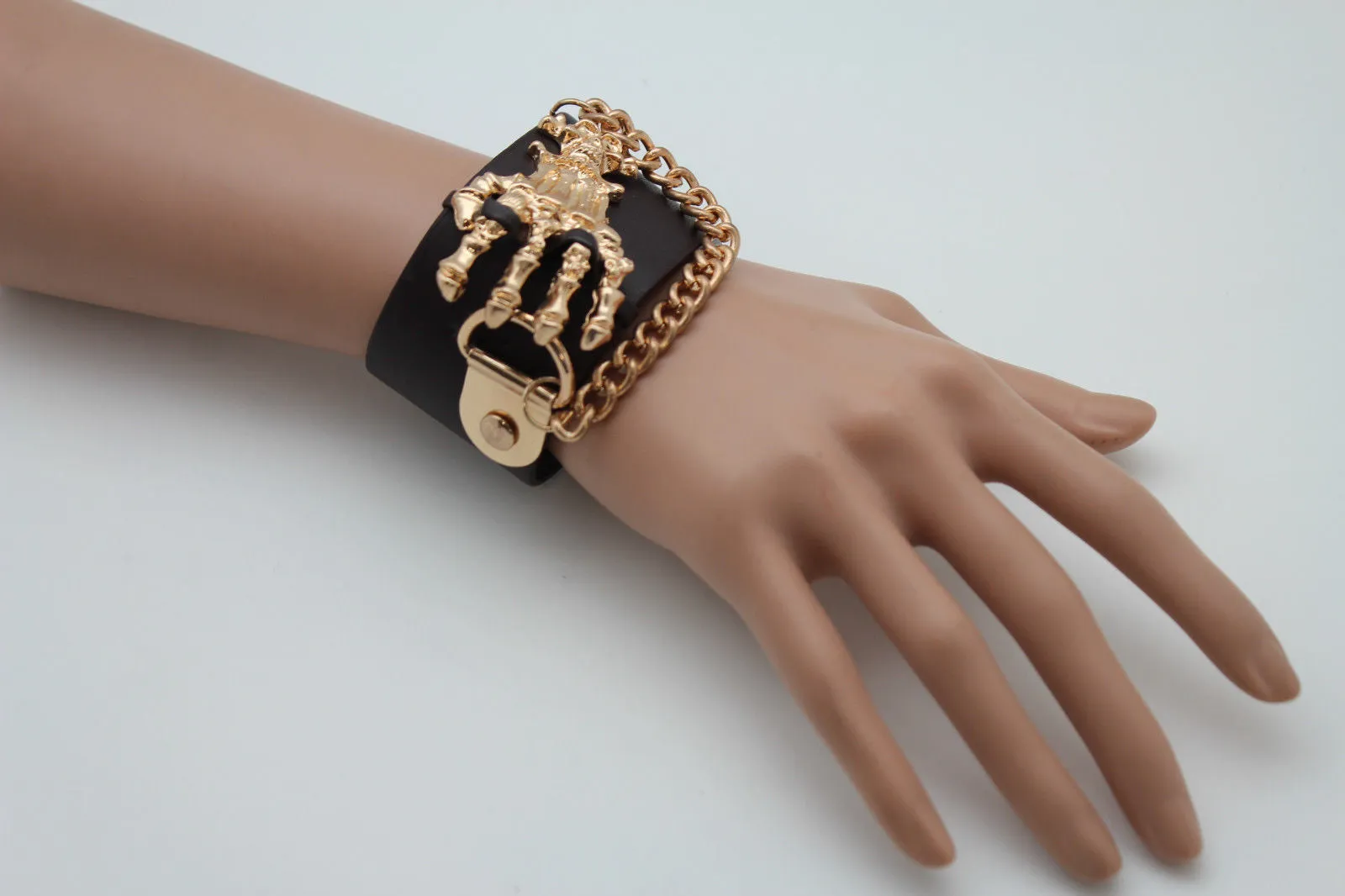 Dark Brown Black Faux Leather Bracelet Gold Silver Metal Chains Skeleton Skulls Hand