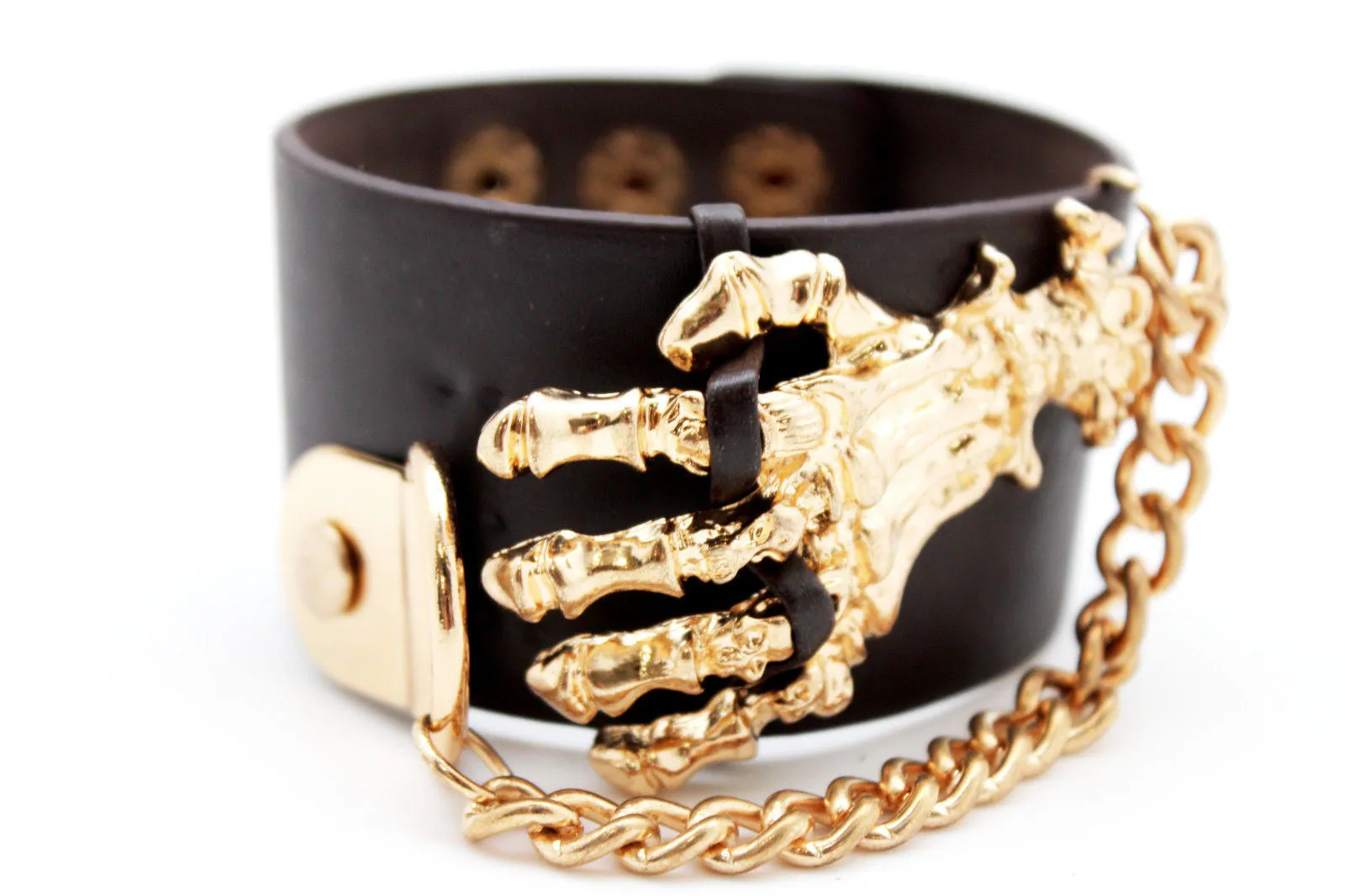 Dark Brown Black Faux Leather Bracelet Gold Silver Metal Chains Skeleton Skulls Hand