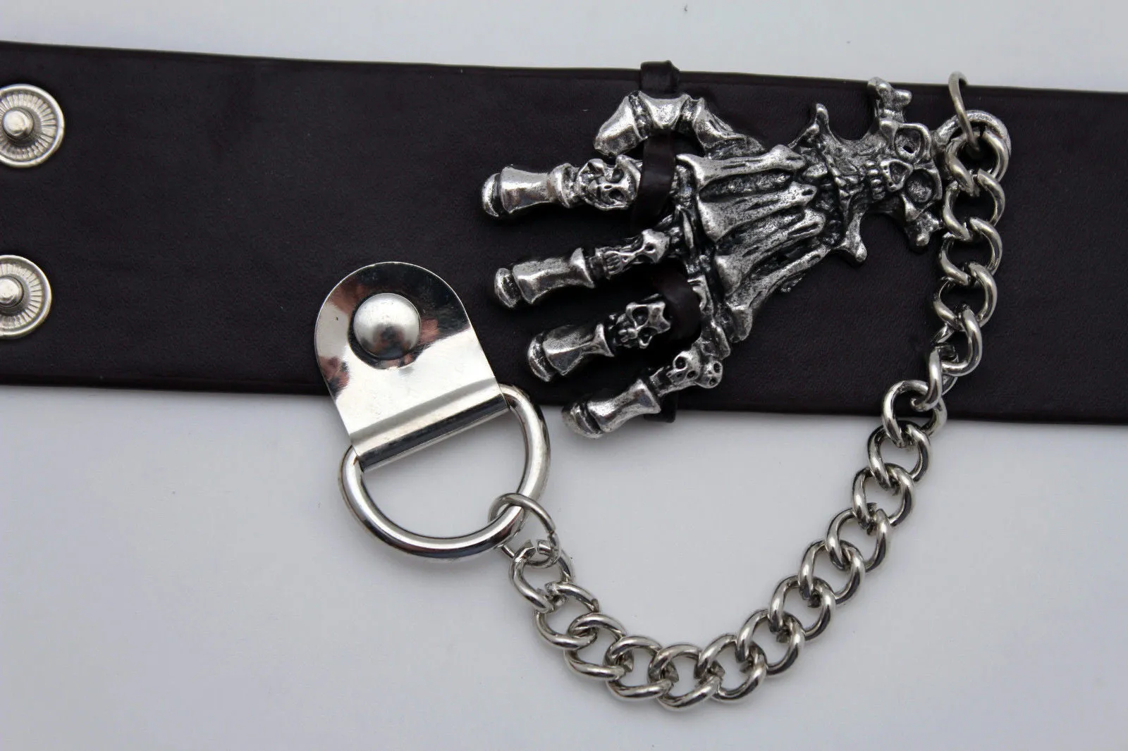 Dark Brown Black Faux Leather Bracelet Gold Silver Metal Chains Skeleton Skulls Hand