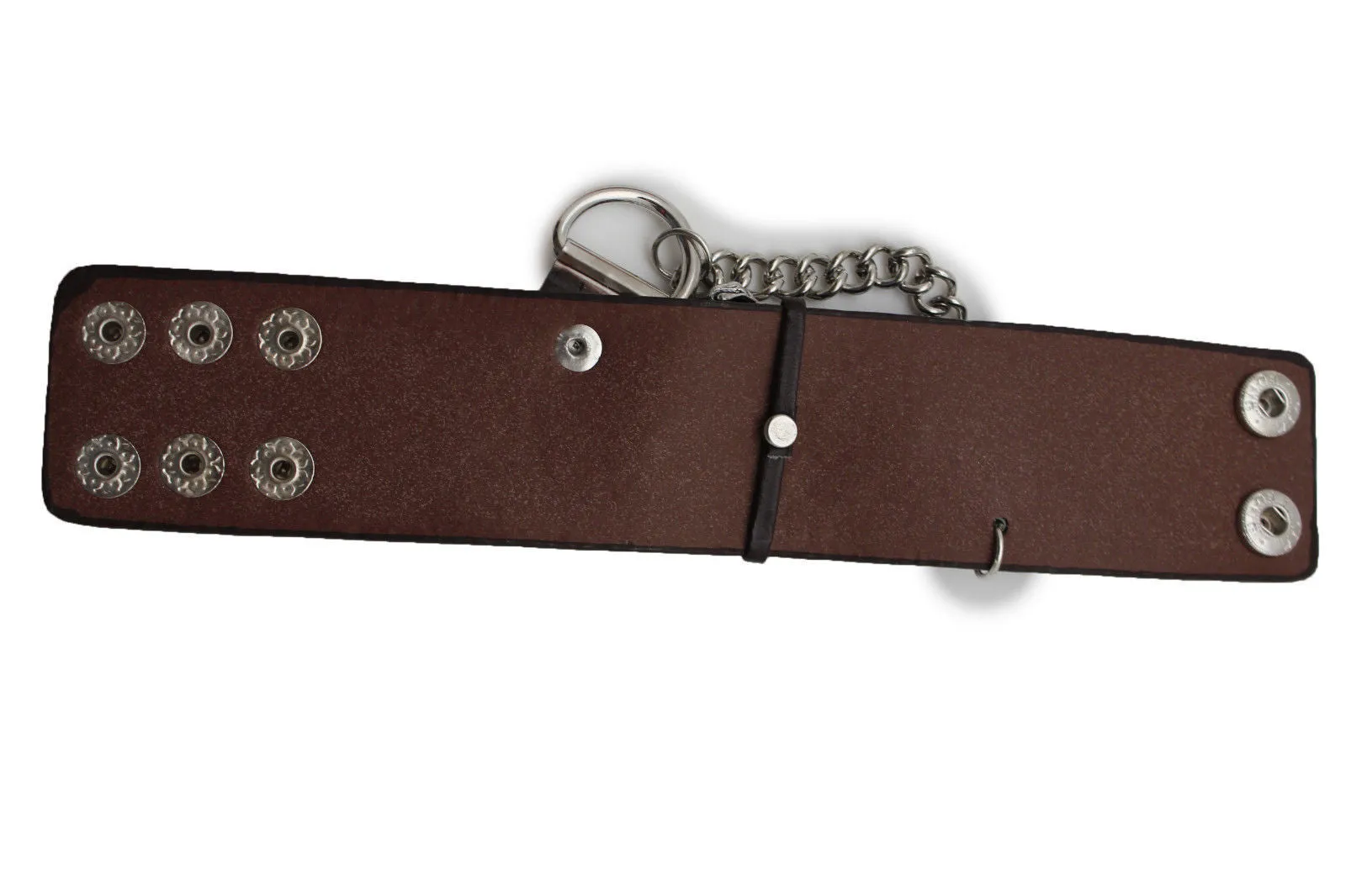 Dark Brown Black Faux Leather Bracelet Gold Silver Metal Chains Skeleton Skulls Hand