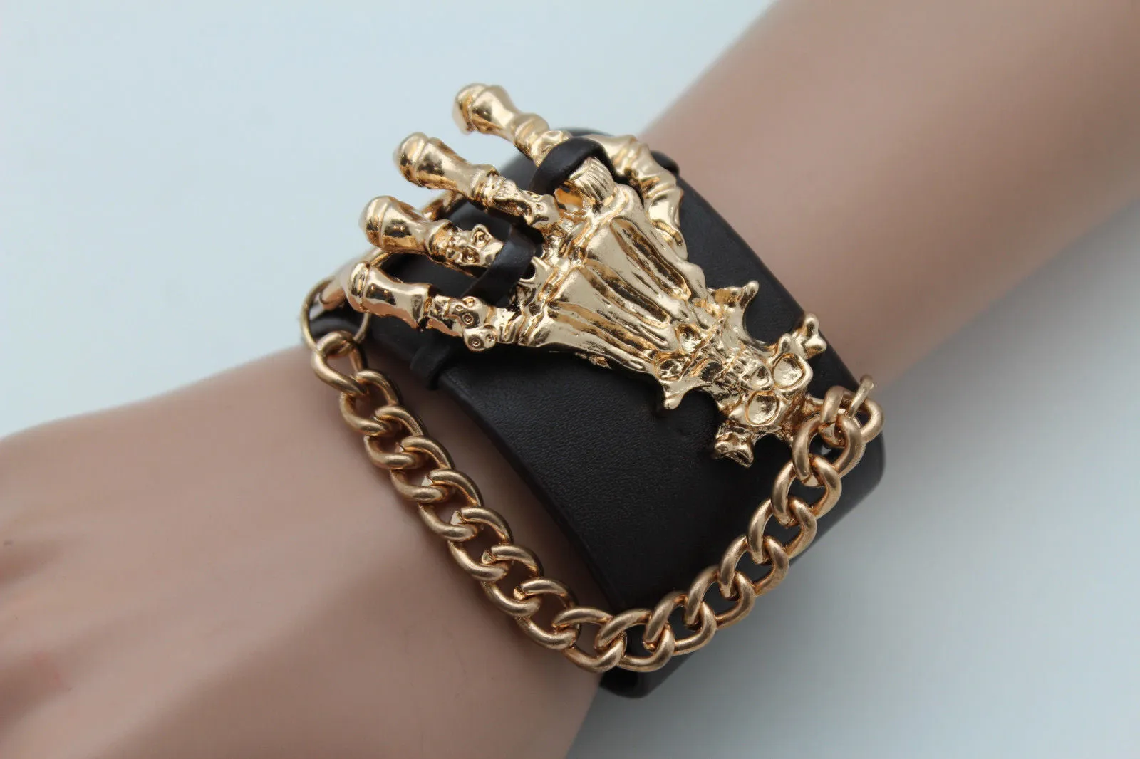 Dark Brown Black Faux Leather Bracelet Gold Silver Metal Chains Skeleton Skulls Hand