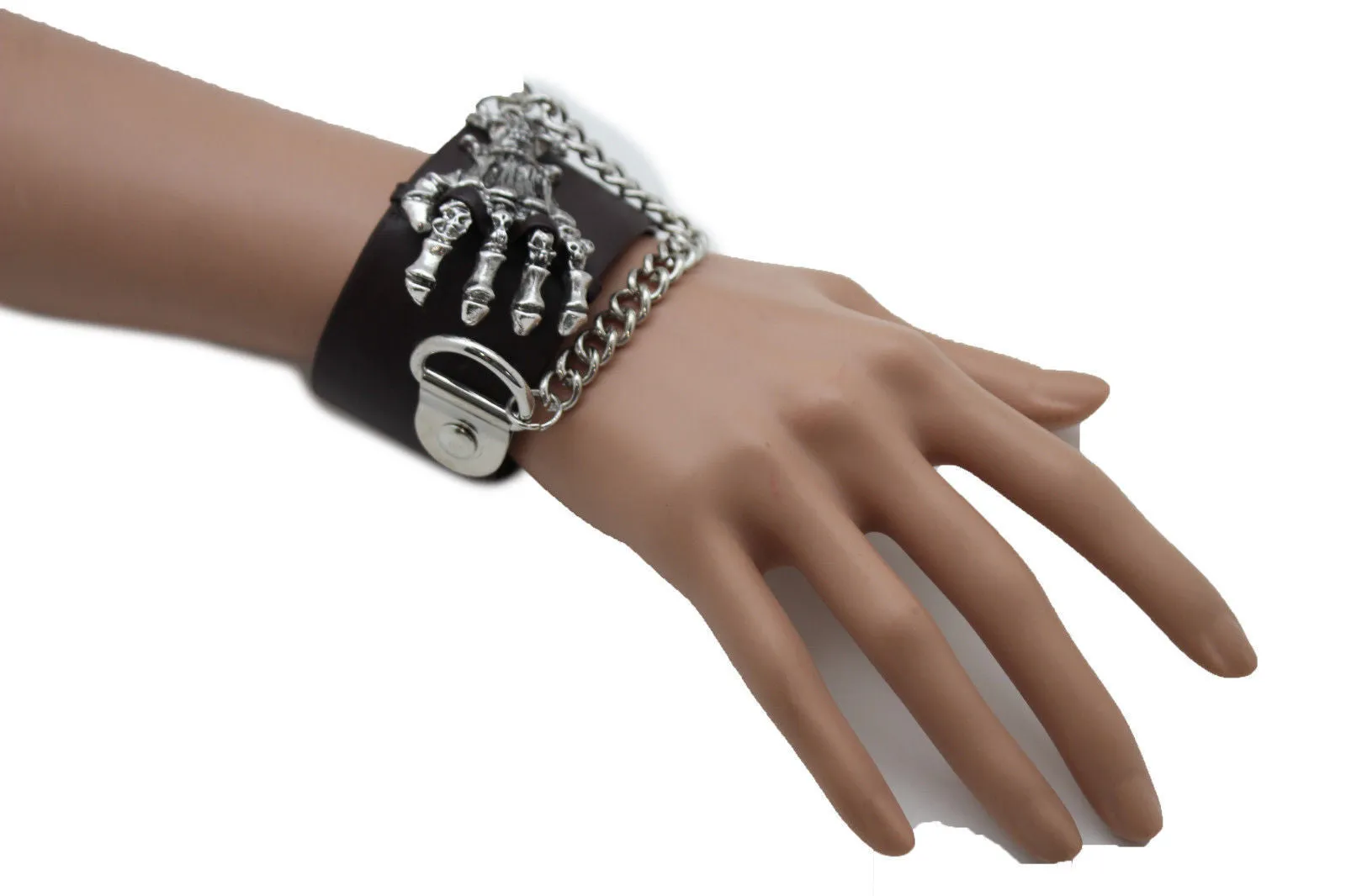 Dark Brown Black Faux Leather Bracelet Gold Silver Metal Chains Skeleton Skulls Hand