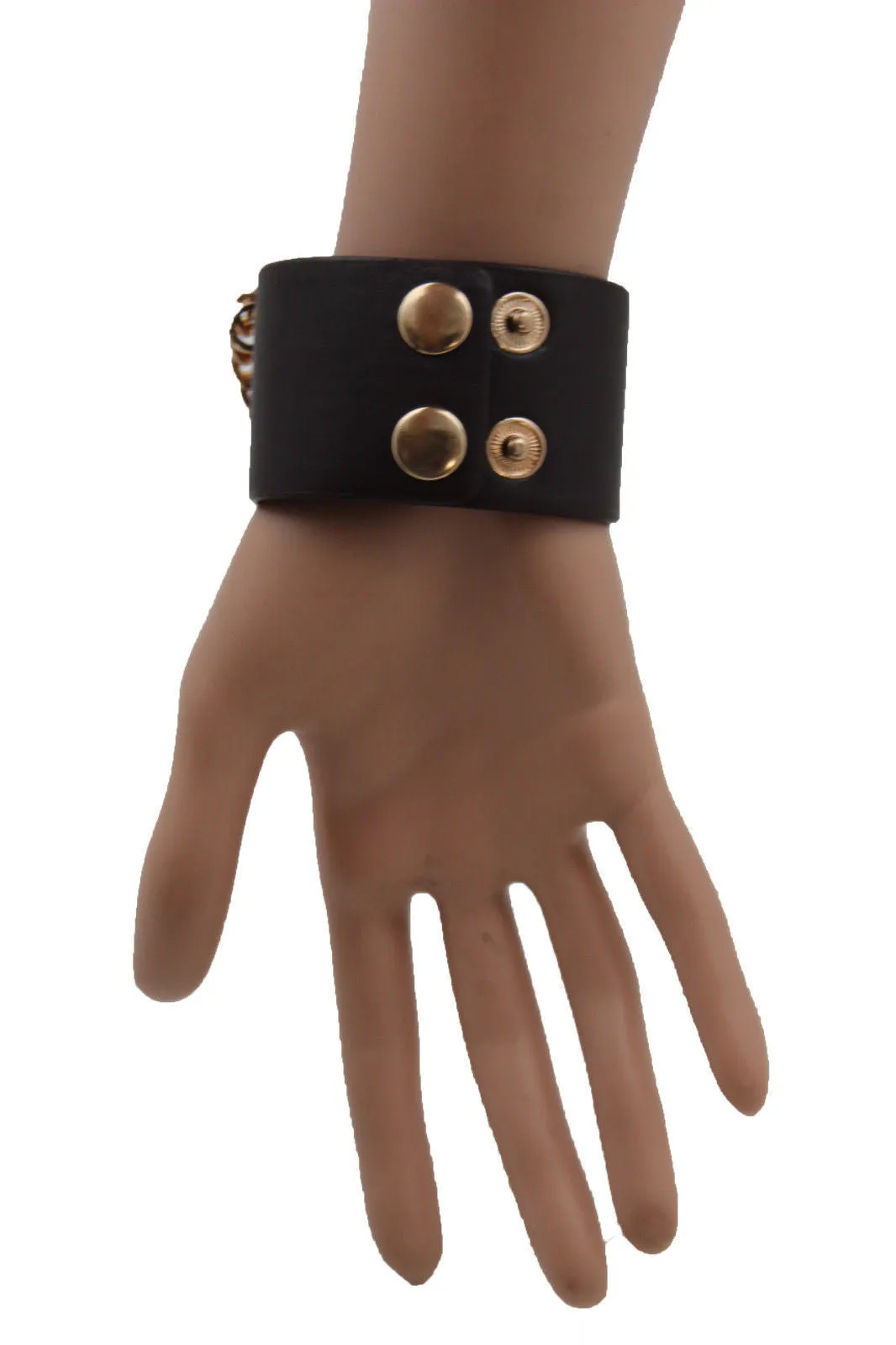 Dark Brown Black Faux Leather Bracelet Gold Silver Metal Chains Skeleton Skulls Hand